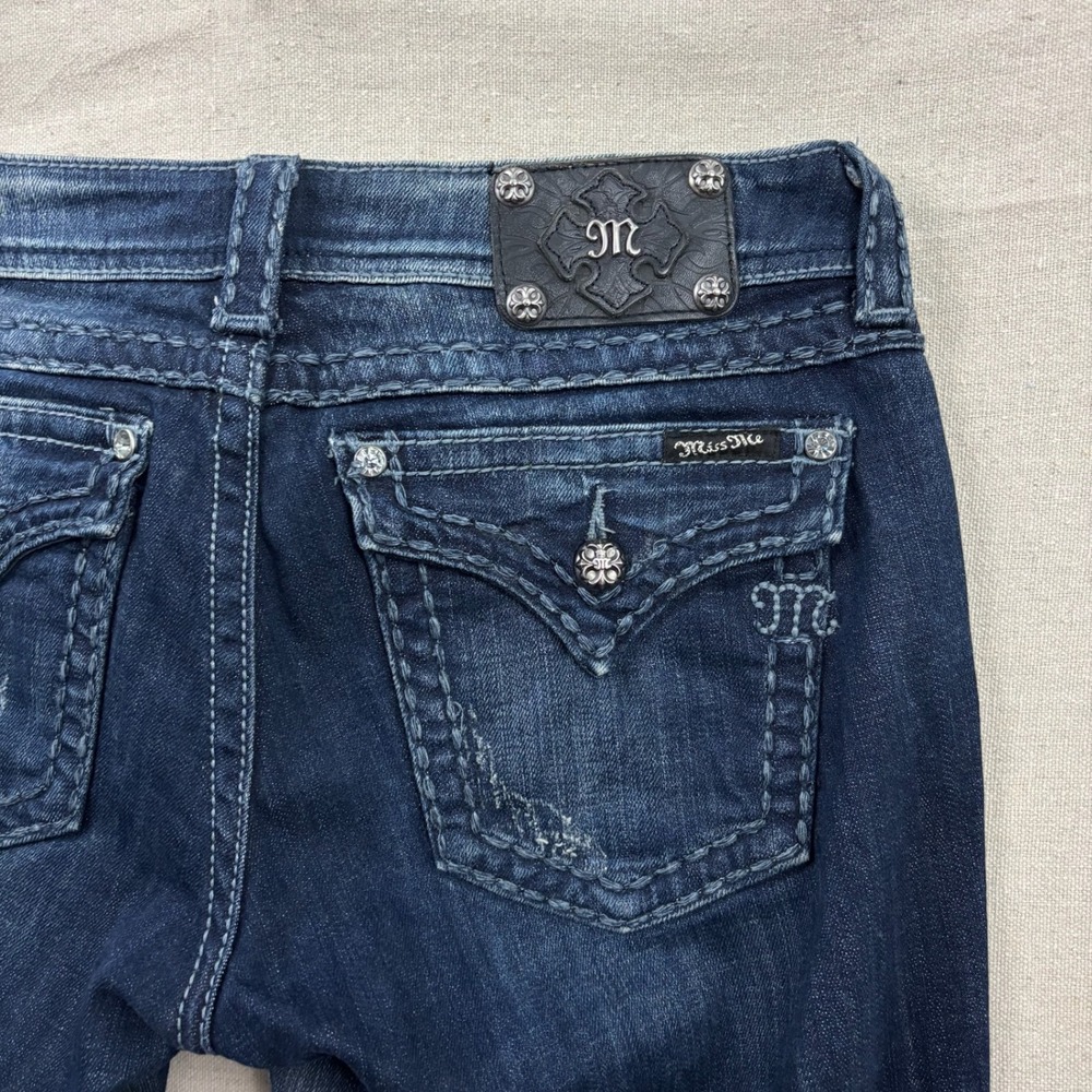Miss Me Bootcut Jeans Womens 31 Dark Wash Rhinestone Flap Pocket Heavy Stitch